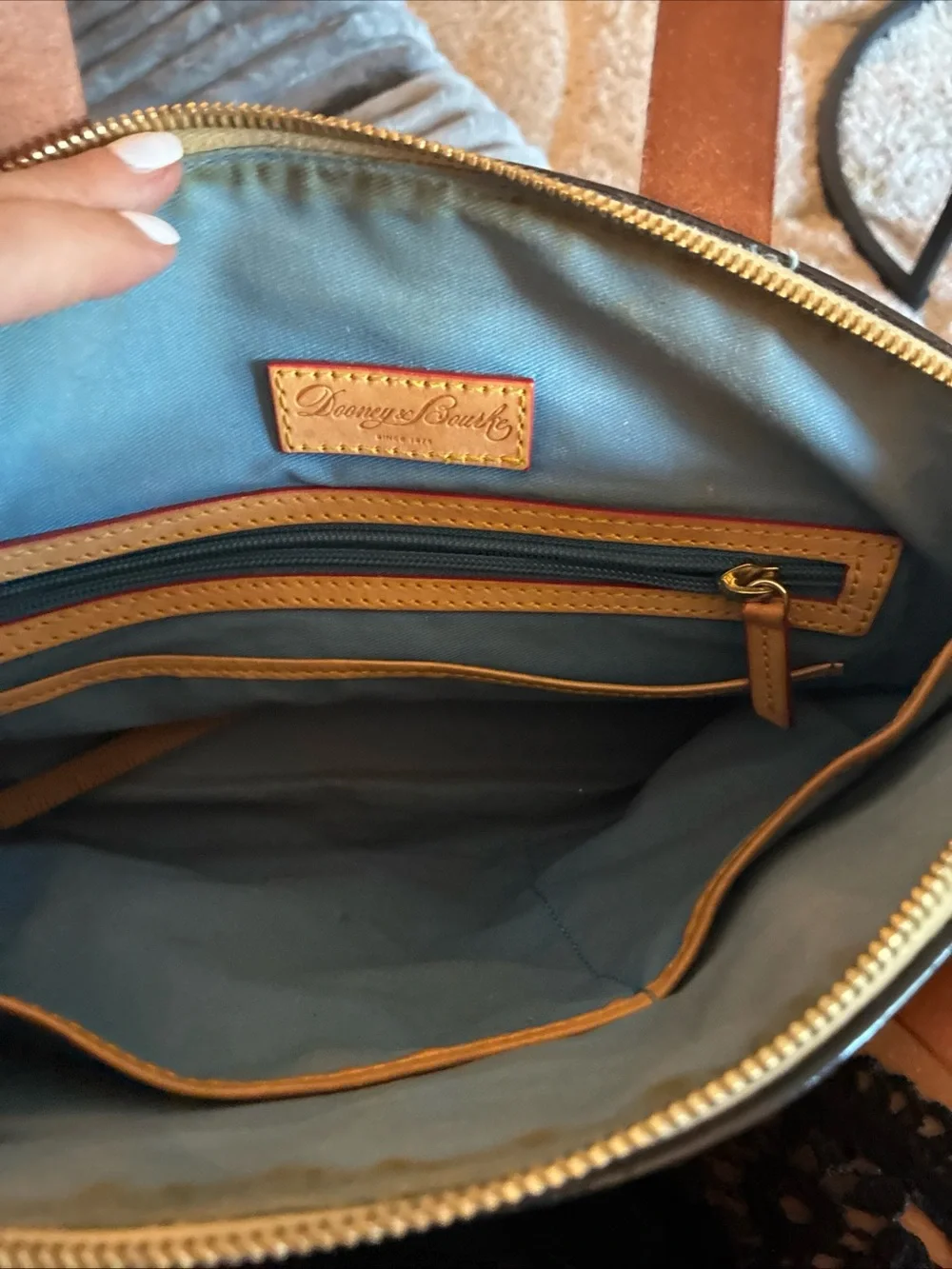 Dooney & Bourke Black Patent Shoulder Satchel with Tan Trim